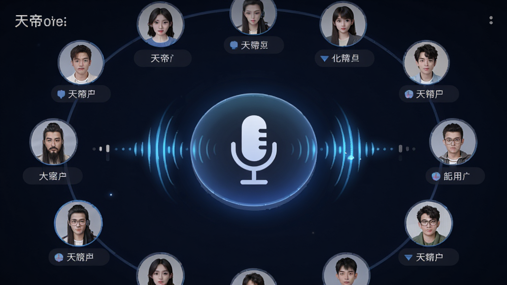 画面展示“天帝会”应用内语音房间界面,中央为麦克风图标和声波特效,周围环绕着用户头像和昵称标签,布局为圆形排列,风格为科技感UI设计,细节包括声波动画和光晕效果,画质清晰,画面干净,无多余元素