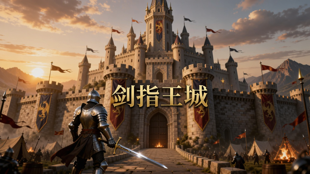 画面主体是一座宏伟的魔幻王城,城墙高耸,旗帜飘扬,城门前站着一位手持长剑的骑士,背景是夕阳下的战场与远山,布局采用中心对称构图,王城位于画面正中,骑士在前景偏左,天空占画面上方三分之一,风格为写实魔幻CG插画,细节包括城墙砖石纹理、旗帜上的龙纹图案、骑士盔甲的反光、远处营地的篝火,画质为4K高清,画面干净,无多余元素,图片中央用金色大字写着“剑指王城”