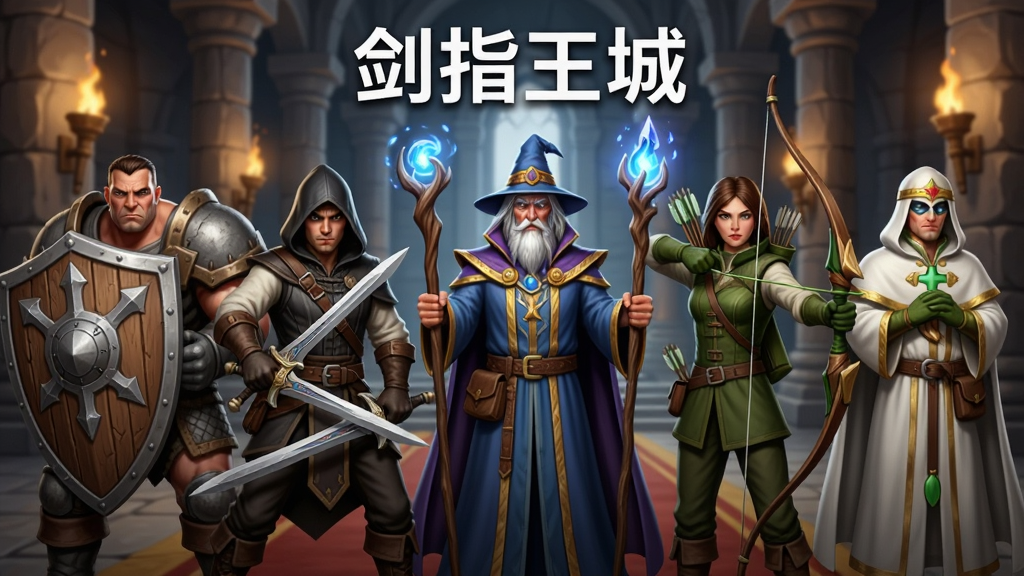 画面主体是五位不同职业的魔幻英雄并排站立,从左到右依次为持盾坦克、双剑刺客、法杖法师、弓箭手、治疗牧师,布局为横向一字排开,背景是王城大厅的内部,有石柱和火炬,风格为写实魔幻角色立绘,细节包括英雄的面部表情、装备纹理、技能光效,画质为4K高清,画面干净,无多余元素,图片上方用白色字体写着“剑指王城”