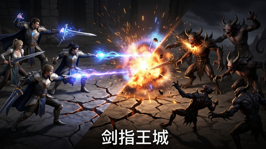画面主体是一场激烈的魔幻战斗场景,左侧是玩家英雄队伍正在释放技能,右侧是黑暗军团怪物,画面中央有爆炸的魔法光效和飞溅的火花,布局为斜对角构图,风格为写实魔幻战斗CG,细节包括英雄施法动作、怪物被击退的姿态、地面裂开的纹路,画质为4K高清,画面干净,无多余元素,图片底部用白色字体写着“剑指王城”