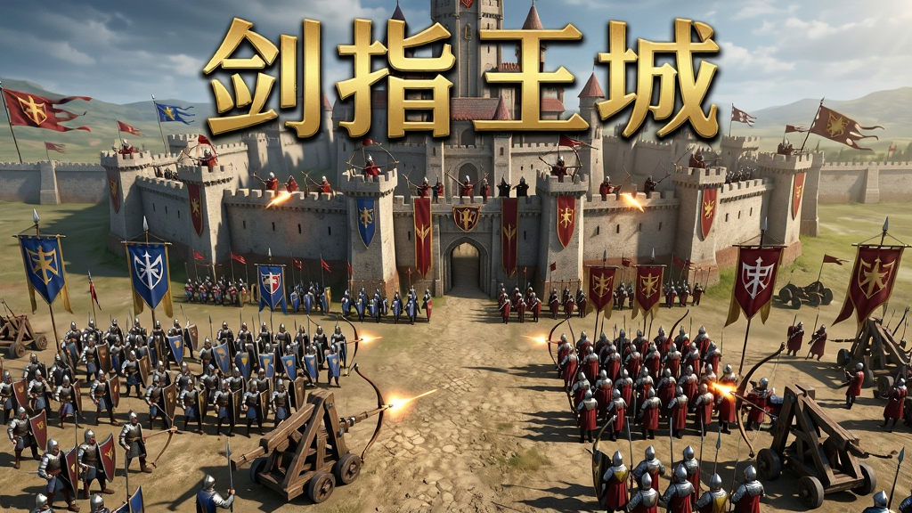 画面主体是两军对垒的宏大战场,左侧是玩家联盟的军队,右侧是敌对联盟的军队,画面中央有一座巨大的王城,城墙上有弓箭手在射击,布局为远景俯视,风格为写实魔幻战争场景,细节包括士兵方阵、投石车、旗帜上的联盟徽章,画质为4K高清,画面干净,无多余元素,图片上方用金色大字写着“剑指王城”