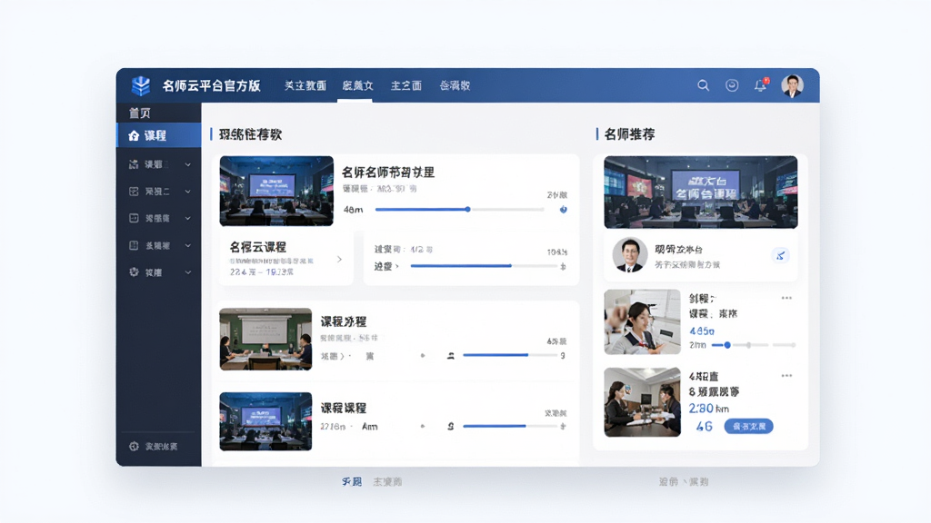 名师云平台官方版主界面预览图,画面中央是软件界面,包含课程列表与名师推荐模块,整体布局清晰整洁,风格为现代教育科技风,细节包括顶部导航栏、课程卡片、进度条,画质高清,干净,无多余元素