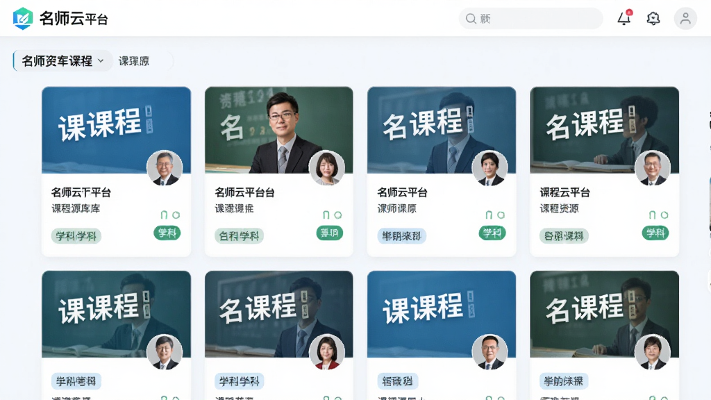 名师云平台课程资源库展示图,画面主体为名师云平台界面,布局采用网格化课程卡片排列,排版整齐,风格为清新教育风,细节包括课程封面、教师头像、学科标签,画质高清,干净,无多余元素