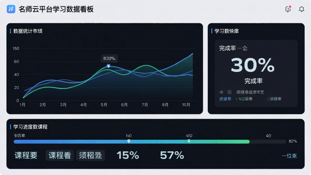 名师云平台学习数据看板界面,画面主体为数据统计图表与学习进度条,布局采用上下分栏结构,排版清晰,风格为简约科技风,细节包括折线图、完成率百分比、课程标签,画质高清,干净,无多余元素