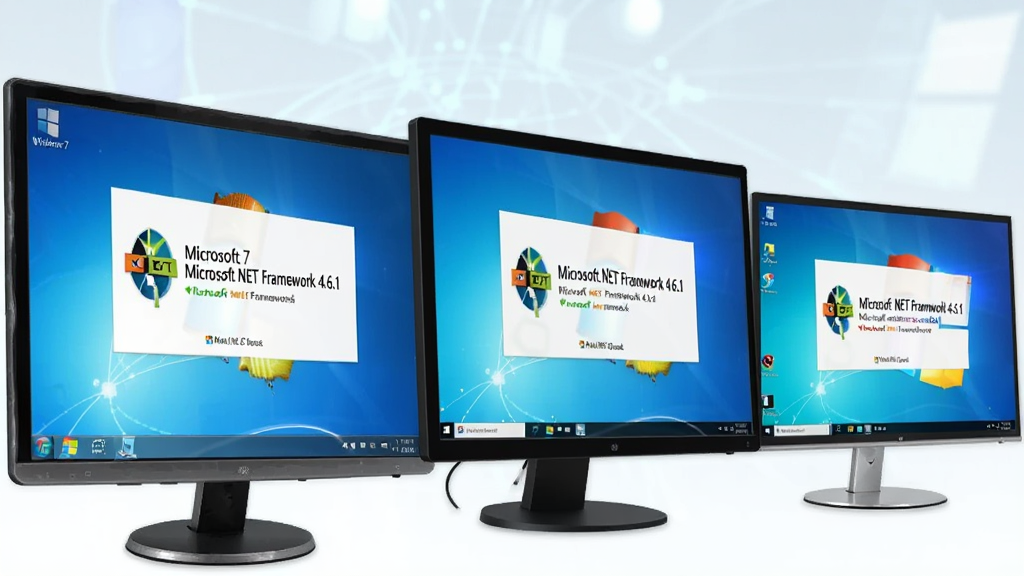 画面展示多台不同尺寸的电脑显示器并排排列,从左到右分别显示 Windows 7、Windows 8、Windows 10 的系统界面,每台屏幕上都运行着 Microsoft.NET Framework 4.6.1 的安装成功提示,背景是淡蓝色科技光晕,整体布局横向展开,风格简约商务,细节清晰,画质干净,无多余元素