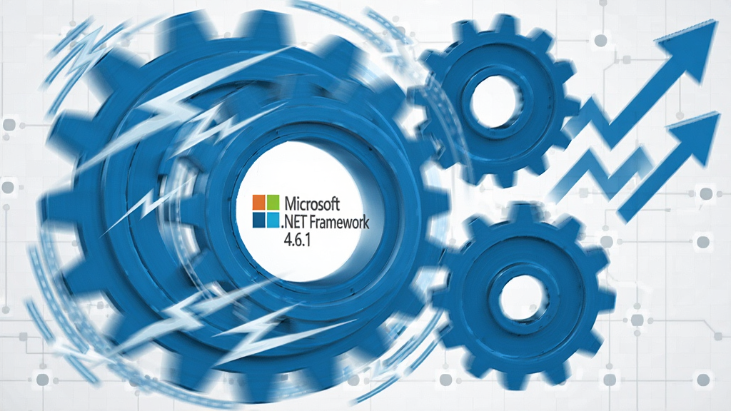 画面展示一个高速旋转的蓝色齿轮组,齿轮中心有 Microsoft.NET Framework 4.6.1 的标识,齿轮周围有闪电形状的速度线和上升的箭头图表,背景是浅灰色科技网格,风格动感现代,布局紧凑,细节清晰,画质干净,无多余元素