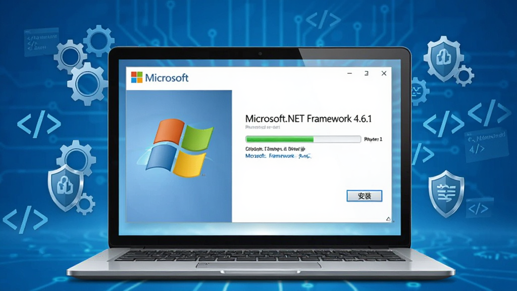 画面中央展示一台打开的笔记本电脑,屏幕上显示 Microsoft.NET Framework 4.6.1 的官方安装界面,界面左侧有微软视窗标志,右侧有进度条和“安装”按钮,背景是简洁的蓝色渐变科技风格,周围漂浮着齿轮、代码符号、盾牌等元素代表运行库与安全,整体布局居中对称,风格干净现代,细节清晰,画质高清,无多余元素