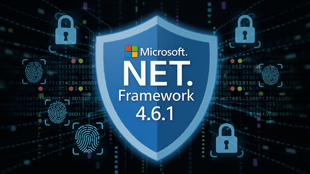 画面中央是一个发光的蓝色盾牌,盾牌表面印有 Microsoft.NET Framework 4.6.1 字样,盾牌周围环绕着锁形图标、指纹识别符号和加密数据流,背景是深色网络安全主题,风格科技感强,布局居中,细节丰富,画质高清,无多余元素