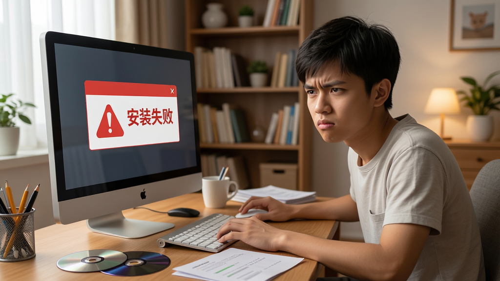 画面展示一位年轻用户在电脑前皱眉看着屏幕上的错误提示框,旁边有红色感叹号和“安装失败”字样,桌面上散落着光盘和说明书,背景是温馨的家庭书房,风格写实略带幽默,布局自然,细节清晰,画质干净,无多余元素