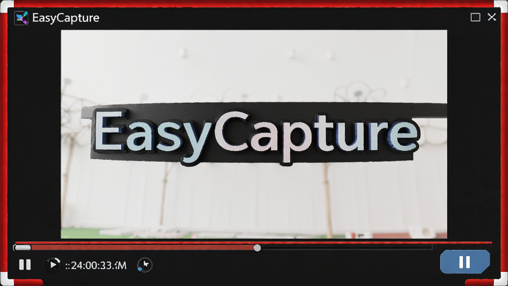 一张展示EasyCapture录屏功能的界面图,画面中屏幕正在录制,四周有红色录制边框,下方显示录制时长和暂停按钮,画面中包含