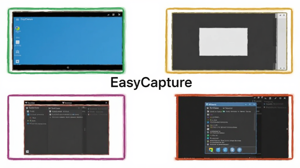 一张展示EasyCapture多种截图模式的示意图,画面中分别用不同颜色边框标注全屏、区域、窗口、滚动截图四种模式,屏幕中央显示