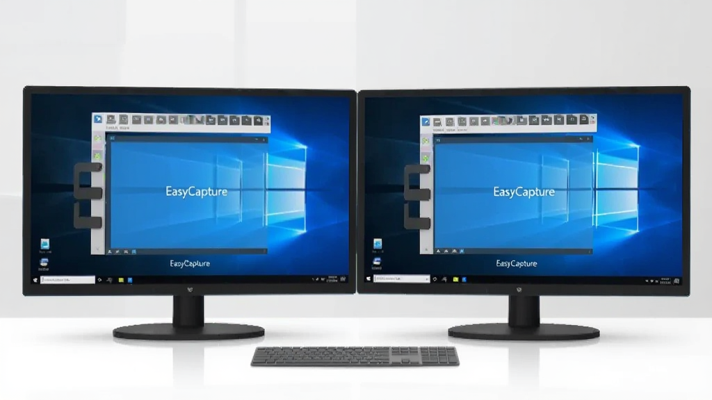 一张展示EasyCapture在Windows多显示器环境下工作的示意图,画面中两个显示器屏幕同时显示截图工具栏,桌面背景简洁,包含