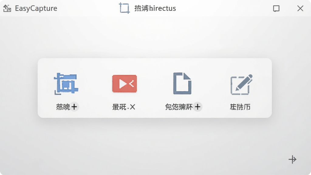 一张展示EasyCapture软件主界面的图片,画面中央是简洁的截图工具栏,背景为浅灰色渐变,工具栏上排列着截图、录屏、长截图、编辑等图标按钮,整体风格干净清爽,画质清晰,无多余元素