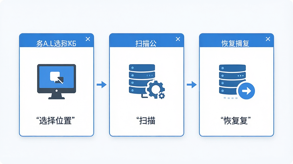 一张展示易我数据恢复软件操作流程的示意图,画面分为三个并排的步骤卡片,分别标注选择位置、扫描、恢复,每个卡片配有一个简洁的图标,整体风格扁平化设计,蓝色与白色搭配,背景干净整洁,画质清晰,无多余元素