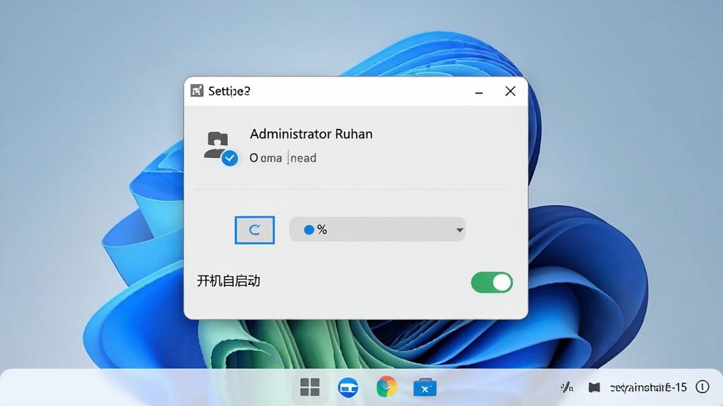 一张展示一键托盘图标快速隐藏工具在Windows 11系统下的设置界面截图,界面中显示管理员运行选项和开机自启动开关,背景为Windows 11浅色主题桌面,风格简洁明快,细节清晰,画质干净无多余元素。