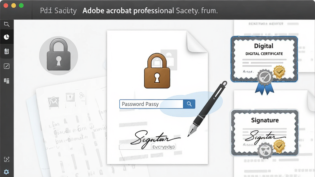 一张展示Adobe acrobat professional安全功能的图片,画面中PDF文档上显示锁形图标和密码输入框,旁边有电子签名笔迹和数字证书标识,界面风格为安全办公主题,布局居中,细节包括加密图标和签名区域,画质干净,无多余元素