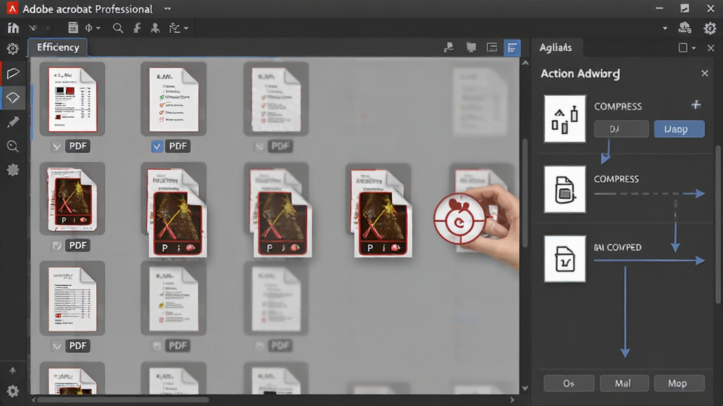 一张展示Adobe acrobat professional批量处理功能的图片,画面中多个PDF文件图标排列成队列,旁边有动作向导面板显示合并、压缩、加密等步骤,界面风格为效率工具主题,布局为列表和面板结合,细节包括文件缩略图和操作按钮,画质清晰,无多余元素