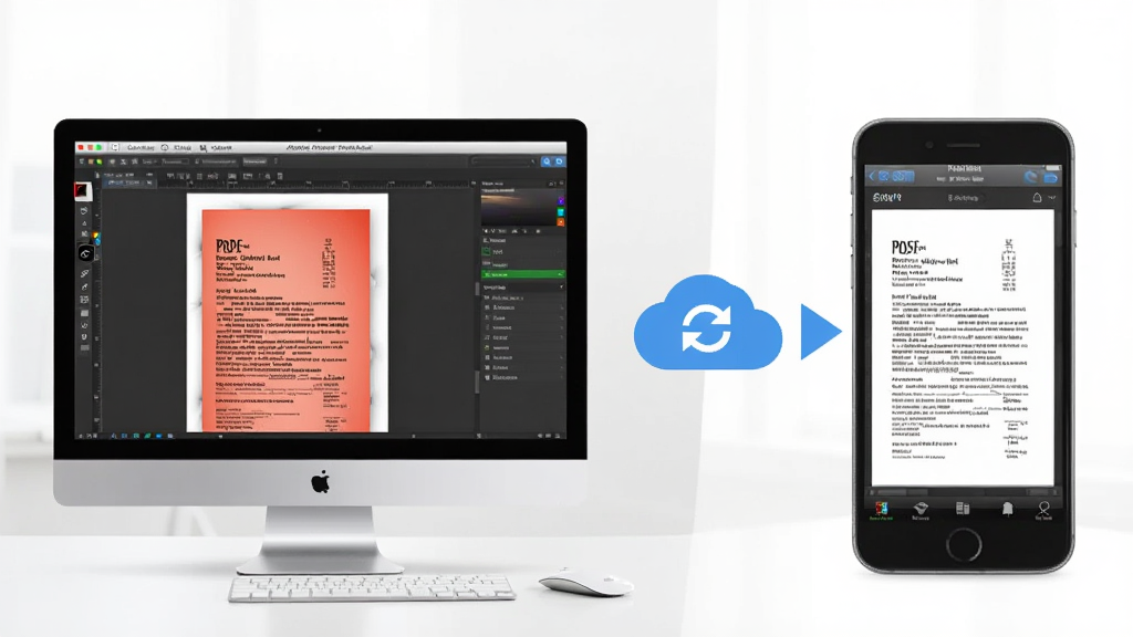 一张展示Adobe acrobat professional在电脑和手机上协同使用的图片,画面左侧是电脑端PDF编辑界面,右侧是手机端文档查看界面,中间有云同步箭头连接,界面风格为现代办公,布局为左右对比,细节包括设备图标和同步标识,画质清晰,干净无多余元素