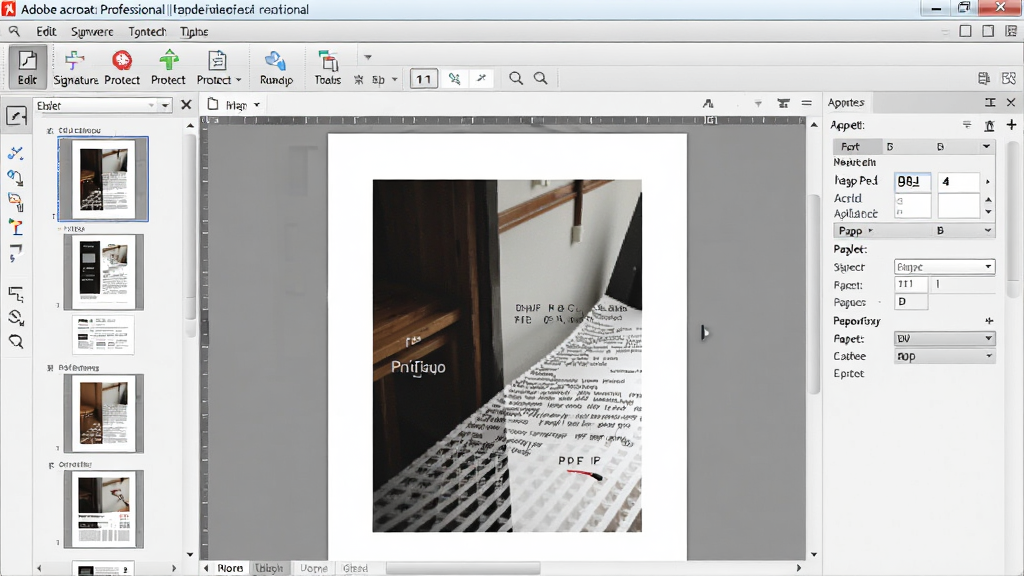 一张展示Adobe acrobat professional软件界面的图片,画面中央是打开的PDF文档编辑窗口,左侧是页面缩略图导航栏,顶部工具栏显示编辑、转换、签名、保护等功能按钮,右侧属性面板展示字体和排版选项,整体布局为现代办公桌面风格,细节包括菜单栏、工具图标和文档页面,画质清晰,干净整洁,无多余元素