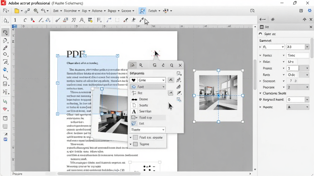 一张展示Adobe acrobat professional编辑功能的图片,画面中PDF文档中的文字被选中并弹出字体设置面板,旁边有图片被拖动调整位置,界面风格为专业办公软件,布局清晰,细节包括光标、工具栏和属性面板,画质干净,无多余元素