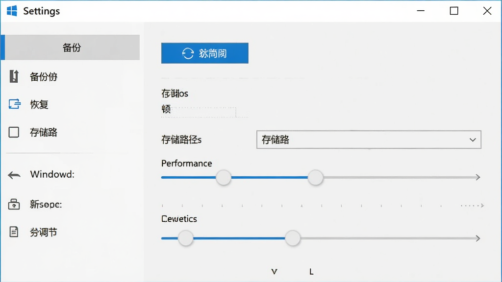 Windows时尚秀新手设置界面截图,主体为软件设置面板,布局为左侧菜单栏右侧选项区,排版清晰,风格为扁平化设计,细节包含备份按钮、恢复选项、存储路径选择、性能调节滑块等元素,画质为高清、画面干净、无多余元素
