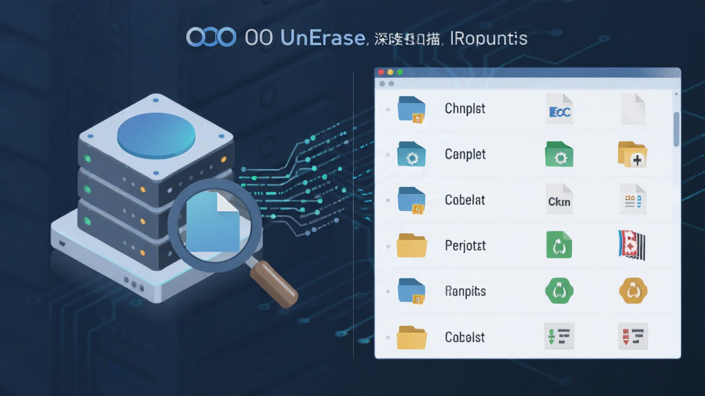 OO UnErase 软件功能展示图,主体为深度扫描引擎概念图,布局左侧显示存储设备图标,右侧显示扫描出的文件列表,排版为左右分栏,风格为扁平化科技感,细节包含放大镜、数据流线条、文件类型图标,画质高清,干净,无多余元素