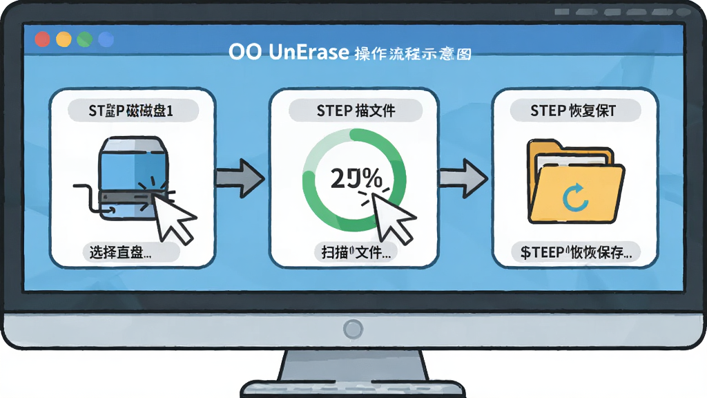 OO UnErase 操作流程示意图,主体为电脑屏幕显示软件三步操作指引,布局为横向流程图,排版从左至右依次为选择磁盘、扫描文件、恢复保存,风格为卡通扁平化,细节包含鼠标点击图标、进度圈、文件夹图标,画质高清,干净,无多余元素