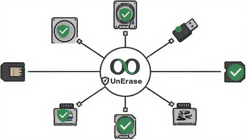 OO UnErase 兼容性与安全模式示意图,主体为电脑连接多种存储设备的拓扑图,布局中心为OO UnErase标志,四周辐射出硬盘、U盘、SD卡图标,排版呈放射状,风格为简约线条风,细节包含盾牌安全图标、绿色对勾,画质高清,干净,无多余元素