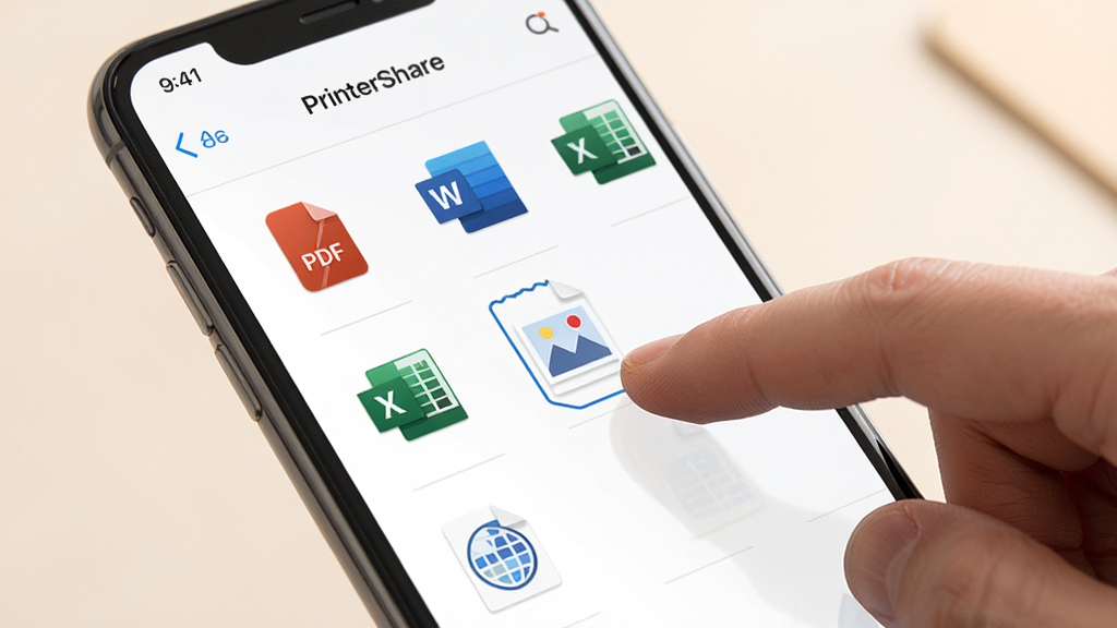 一张展示手机屏幕显示PrinterShare文件选择界面的图片,界面中排列着PDF、Word、Excel、图片、网页等多种格式文件图标,用户手指正在点击其中一个文件,背景为柔和的浅色,布局干净整洁,风格现代UI设计感,细节清晰,画质高清,无多余元素