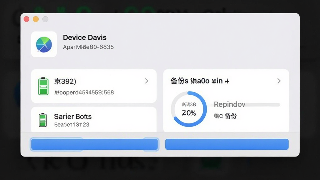 快用苹果助手设备信息与备份界面,主体为软件窗口显示设备详情列表,布局为上方设备摘要与下方备份按钮,排版采用卡片式分组,风格为清爽浅色商务风,细节包括电池图标、序列号文字、备份进度环,画质高清,干净,无多余元素