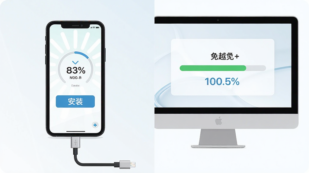 快用苹果助手免越狱安装应用场景,主体为一台iPhone手机与电脑通过数据线连接,电脑屏幕显示安装进度条,布局为左右分屏,排版突出“安装”按钮,风格为扁平化插画风,细节包括手机屏幕亮起、进度百分比跳动,画质清晰,干净,无多余元素