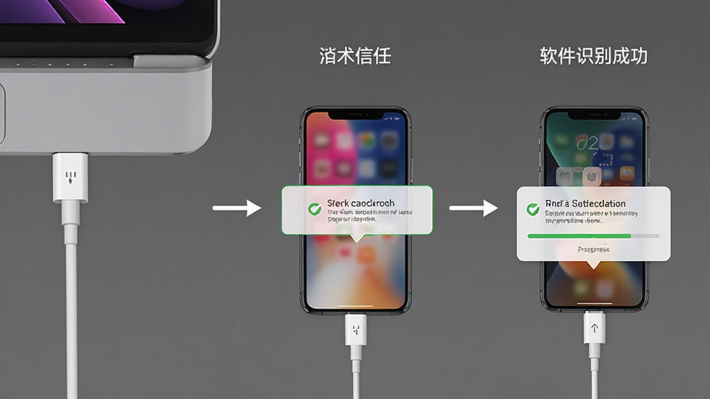 快用苹果助手连接手机操作步骤示意图,主体为数据线连接电脑与iPhone,布局为三步流程图,排版从左到右依次为插线、点击信任、软件识别成功,风格为简洁教程风,细节包括对话框、勾选标记、进度提示,画质清晰,干净,无多余元素