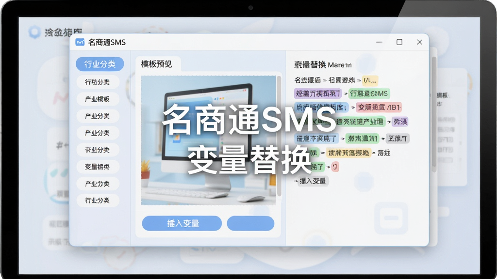 名商通SMS短信模板库与变量替换界面图,画面中央为软件模板选择窗口,左侧列出行业分类标签,右侧展示短信模板内容与变量高亮标记,整体采用柔和浅色风格,屏幕中文字标注“名商通SMS”与“变量替换”,细节包含模板预览区域与插入变量按钮,画质高清,干净,无多余元素