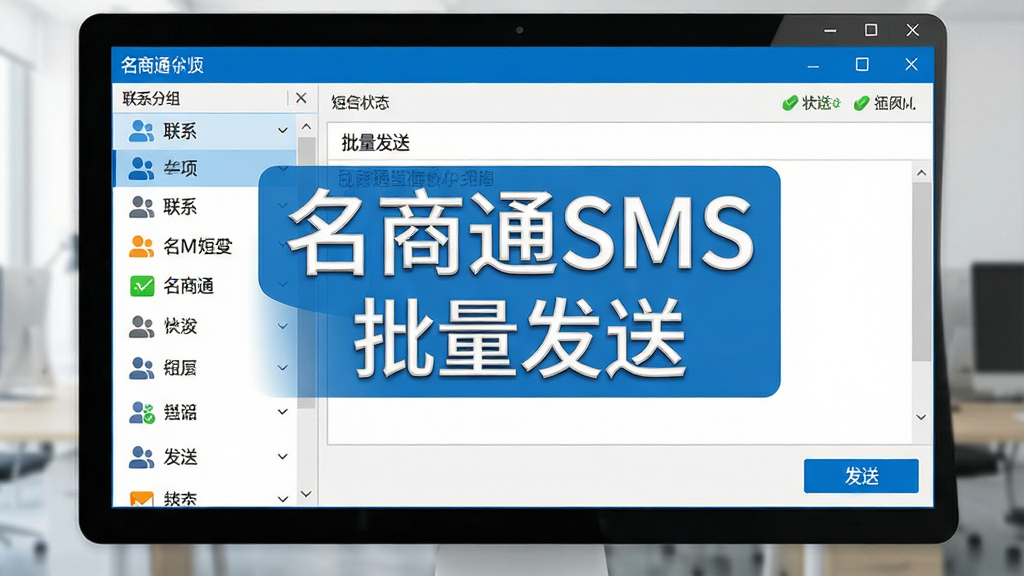 名商通SMS软件主界面预览图,画面中央展示一款电脑端短信群发软件的操作窗口,左侧为联系人分组列表,右侧为短信内容编辑区与发送按钮,整体采用蓝白商务配色,布局整洁清晰,屏幕中文字标注“名商通SMS”与“批量发送”,风格为写实软件截图风,细节包含分组图标、发送状态标识,画质高清,干净,无多余元素
