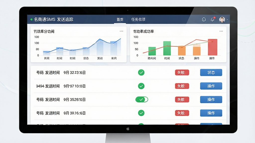 名商通SMS发送状态追踪面板图,画面展示软件任务列表界面,每一行显示号码、发送时间、状态图标与操作按钮,顶部有统计图表展示成功率,整体风格为清爽素雅商务风,屏幕中文字标注“名商通SMS”与“发送追踪”,细节包含绿色成功标识与红色失败标识,画质清晰,干净,无多余元素