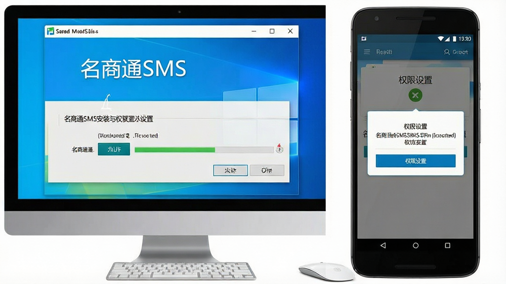 名商通SMS安装与权限设置示意图,画面展示电脑屏幕中软件安装向导与手机端权限授权弹窗并列布局,左侧为Windows安装界面,右侧为安卓权限设置页面,风格为写实教程截图风,屏幕中文字标注“名商通SMS”与“权限设置”,细节包含允许按钮与安装进度条,画质高清,干净,无多余元素