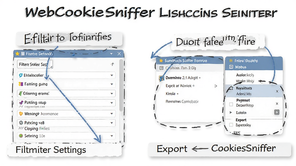 一幅展示 WebCookiesSniffer 使用技巧的示意图,画面中显示过滤设置面板和导出菜单,旁边有清晰的标注说明,风格为教程图解式,布局清晰,画面干净,高清画质
