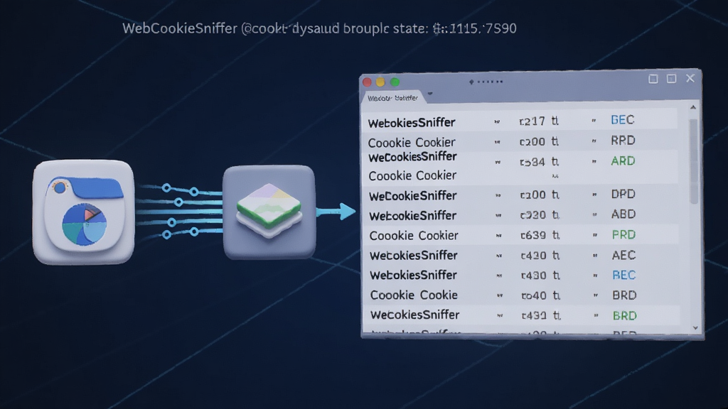 一幅展示 WebCookiesSniffer 实时捕获 Cookie 数据的示意图,画面中数据流从浏览器图标流向软件图标,软件界面中不断滚动出现新的 Cookie 记录,风格为科技蓝调,画面简洁,突出实时动态感,高清画质