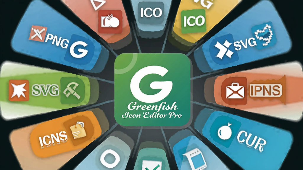 一张展示多格式文件图标环绕的创意图片,主体是Greenfish Icon Editor Pro的软件图标位于中心,周围环绕着ICO、PNG、SVG、ICNS、CUR等格式标签,布局呈圆形放射状,排版对称,风格为扁平化科技感,细节包括每个格式标签带有小图标,画质高清,画面干净,无多余元素