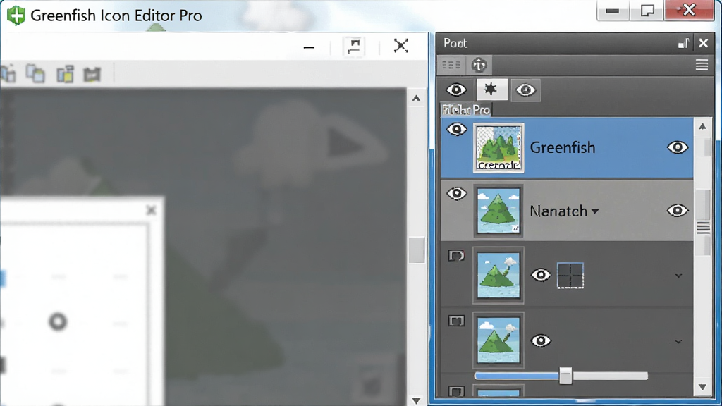 一张展示Greenfish Icon Editor Pro图层编辑功能的示意图,主体是软件界面中的图层面板,布局在右侧,排版显示多个图层缩略图,风格为软件操作界面特写,细节包括图层名称、眼睛图标、透明度滑块,画质高清,画面干净,无多余元素,屏幕上有