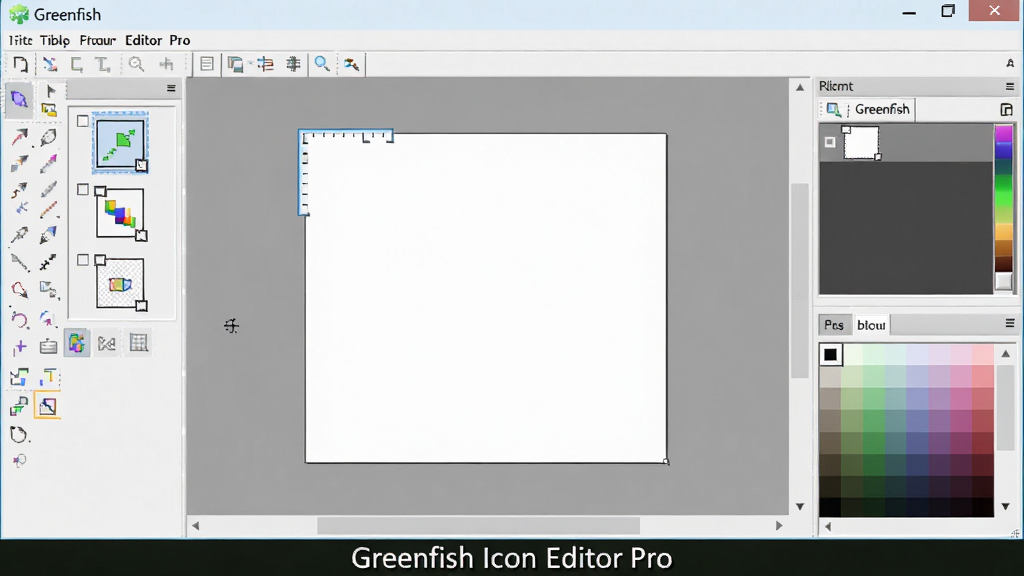 一张展示Greenfish Icon Editor Pro软件界面的全景图,主体是软件主窗口,布局分为左侧工具栏、中间画布编辑区、右侧图层与颜色面板,排版整齐清晰,风格为现代简约的软件截图风格,细节包括各种绘图工具图标、图层缩略图、调色板,画质高清,画面干净,无多余元素,屏幕下方有