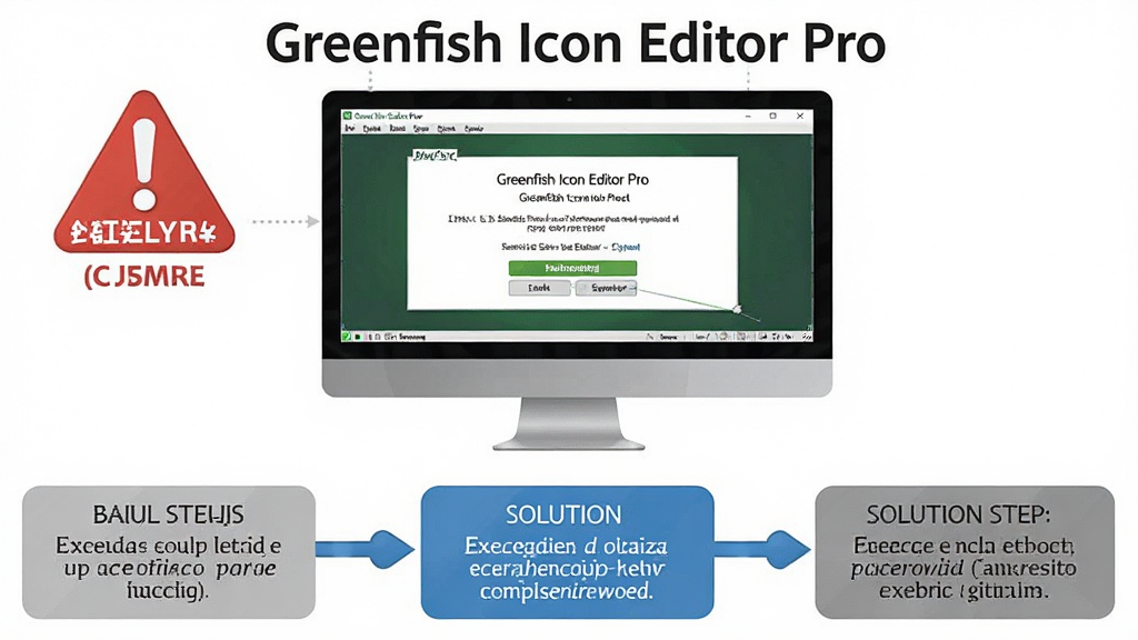 一张展示Greenfish Icon Editor Pro问题解决流程的示意图,主体是电脑屏幕显示软件错误提示与解决方案步骤,布局为分步流程图,排版从上到下,风格为信息图表,细节包括红色警告标志、蓝色优化提示、灰色基础说明,画质高清,画面干净,无多余元素,图中带有