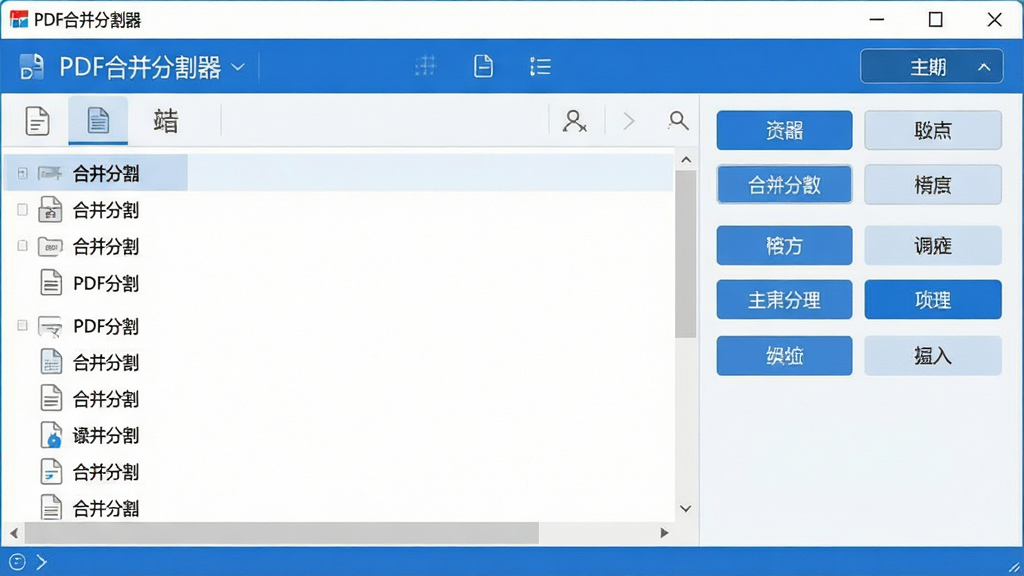 一张展示PDF合并分割器软件主界面的图片,画面中央是软件窗口,左侧显示文件列表区域,右侧显示功能按钮区域,界面风格简洁现代,配色以蓝白为主,窗口上方有“PDF合并分割器”字样,整体布局清晰,风格专业商务,细节精致,画质高清,干净无多余元素