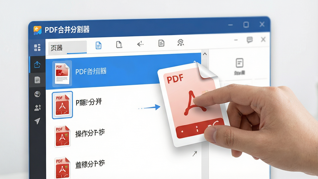 一张展示PDF合并分割器拖拽操作方式的图片,画面中一只手将PDF文件拖入软件窗口,窗口内显示已添加的文件列表,软件名称“PDF合并分割器”显示在窗口标题栏,风格现代简约,细节生动,画质高清,干净无多余元素