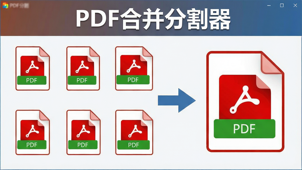 一张展示PDF合并分割器批量合并功能的图片,画面中多个PDF文件图标排列整齐,箭头指向一个合并后的大PDF文件,软件名称“PDF合并分割器”显示在画面上方,布局简洁直观,风格扁平化设计,细节清晰,画质高清,干净无多余元素