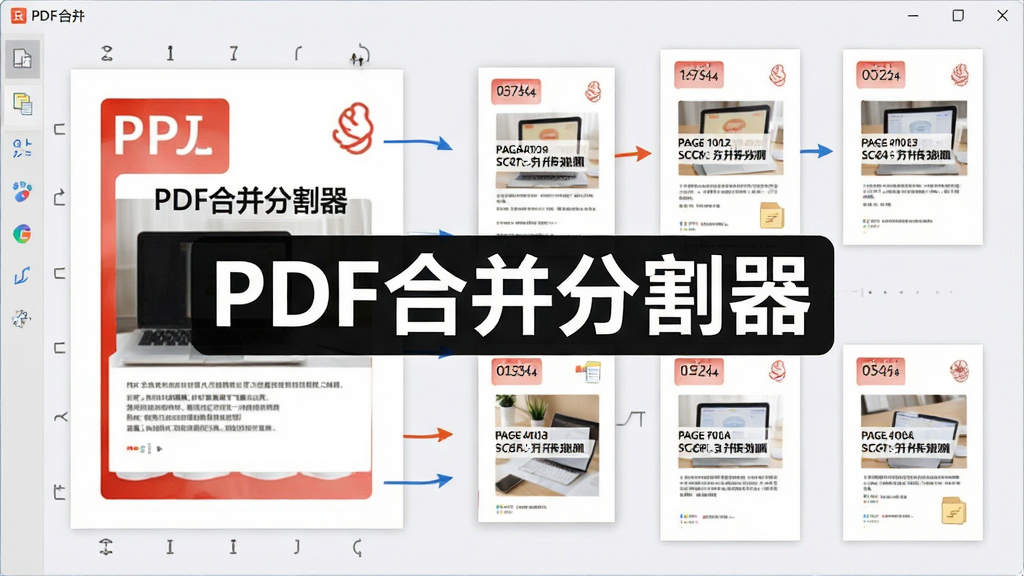 一张展示PDF合并分割器页面拆分功能的图片,画面中一个PDF文档被拆分成多个小文档,每个小文档标注页码范围,软件名称“PDF合并分割器”显示在画面中央,布局清晰,风格简洁明快,细节丰富,画质高清,干净无多余元素