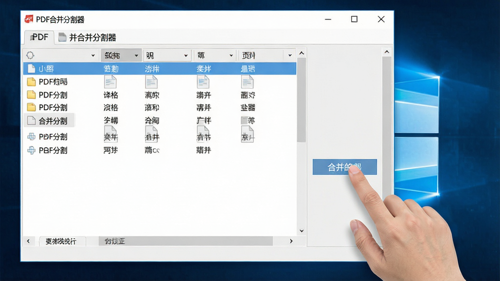 一张展示PDF合并分割器在Windows电脑上操作界面的图片,画面中软件窗口显示文件列表和操作按钮,用户正在点击合并按钮,软件名称“PDF合并分割器”显示在窗口标题栏,风格写实,细节清晰,画质高清,干净无多余元素