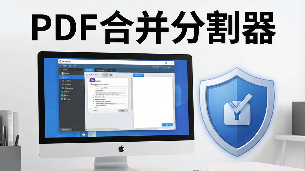 一张展示PDF合并分割器本地安全处理特性的图片,画面中电脑屏幕显示软件界面,旁边有盾牌图标象征安全防护,软件名称“PDF合并分割器”显示在画面上方,风格稳重专业,细节清晰,画质高清,干净无多余元素