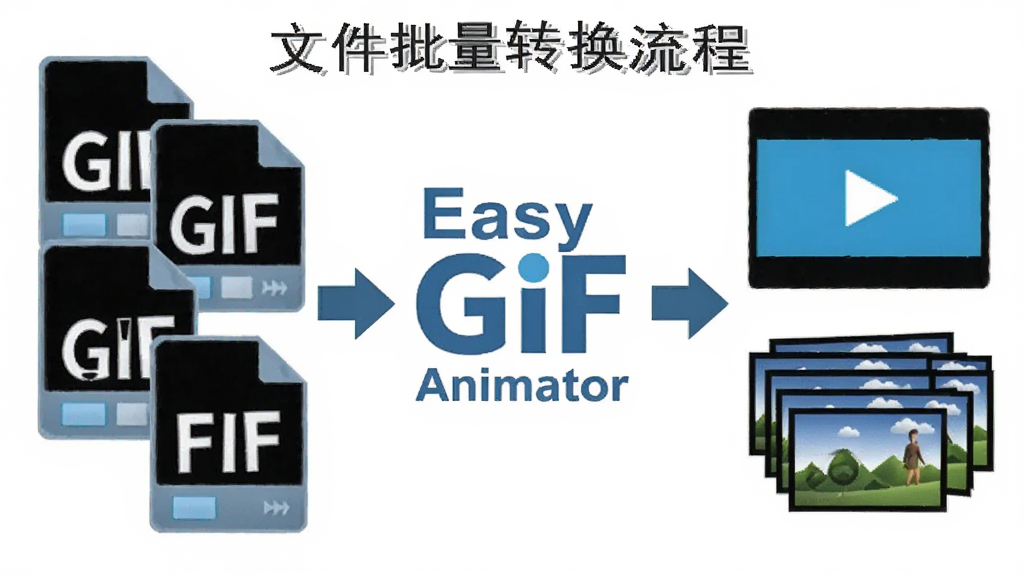 一张展示文件批量转换流程的示意图,画面左侧是多个GIF文件图标,中间是Easy GIF Animator软件标志,右侧是AVI视频文件和图片序列图标,用箭头连接表示转换过程,风格简约商务,配色以蓝灰为主,画质清晰,无多余装饰