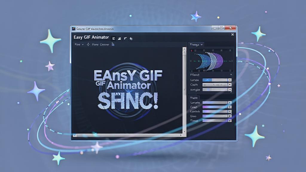 一张展示GIF动画编辑特效的视觉概念图,画面中Easy GIF Animator软件窗口悬浮在空中,窗口内显示文字特效和转场动画的编辑参数面板,周围有闪烁的星星和动态线条表示动画效果,风格科技感,排版居中,画质细腻,干净整洁